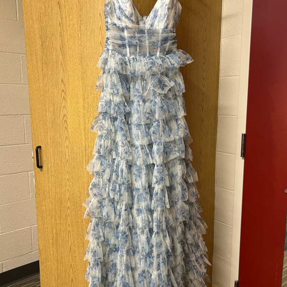 Blue and White Ruffled Maxi Dress - Picture 1 of 5